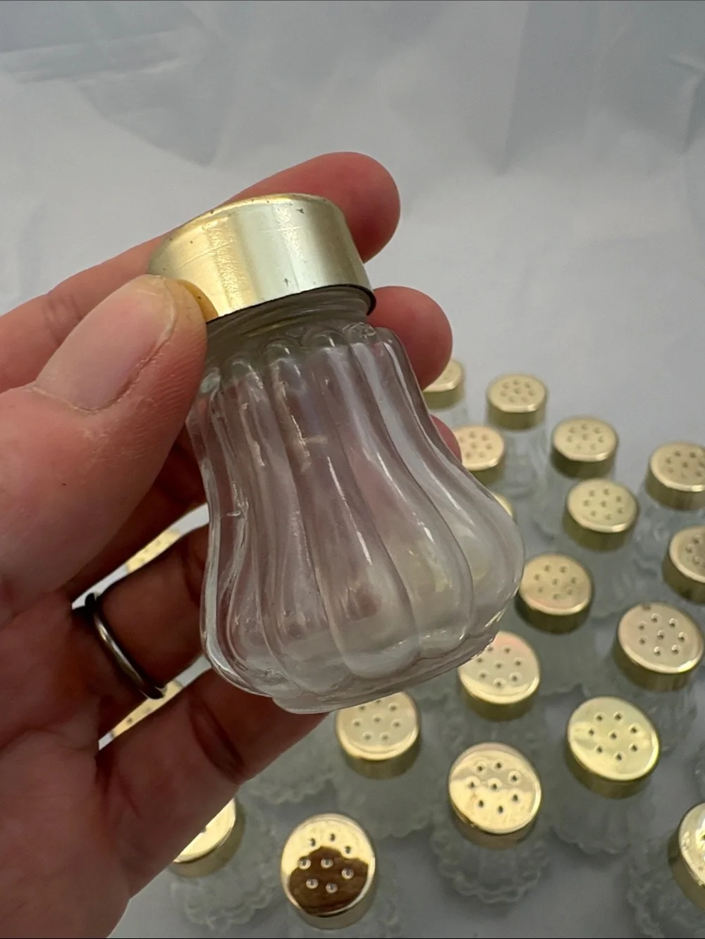 Bulk Lot of 31 Small Glass Shaker Bottles with Gold Tops